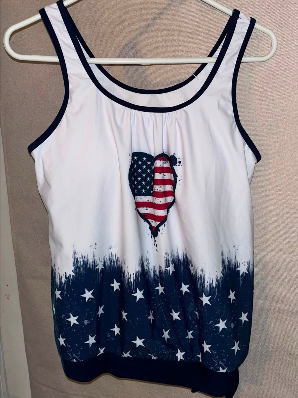 Summer Mae Women's White & Navy Americana Heart Tank Top with Stars.